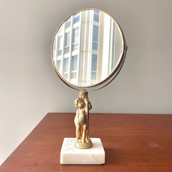 Vintage Italian Marble Pedestal Vanity Makeup Mirror Ornate Cherub Mirror